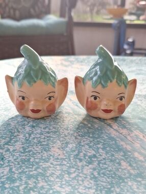Vintage Elf Pixie Head Salt & Pepper Shakers - Aqua Hair, Peach Face